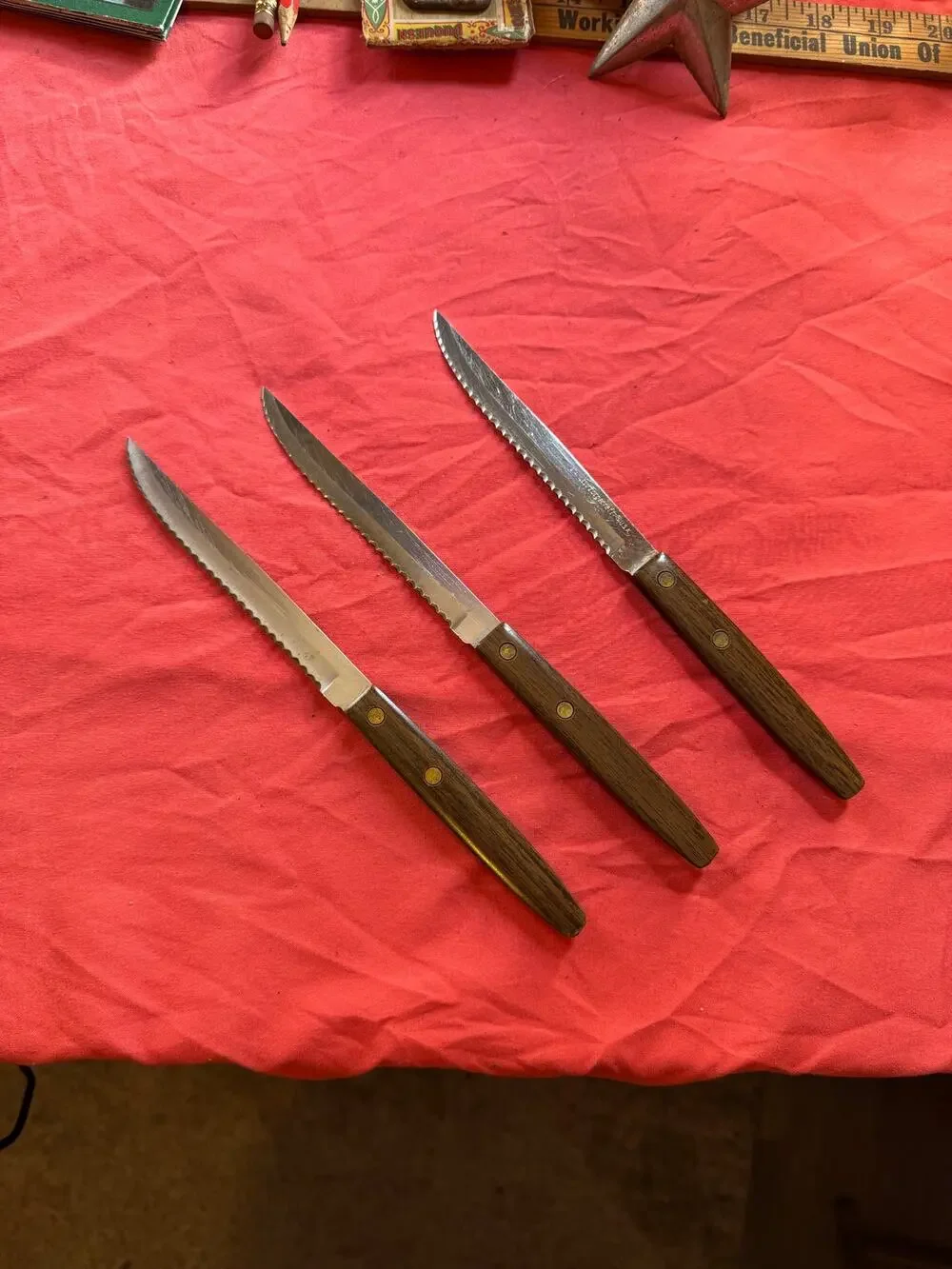 Vintage Forgecraft USA Steak Knives Set of 3 Serrated Black Bakelite 8-3/4